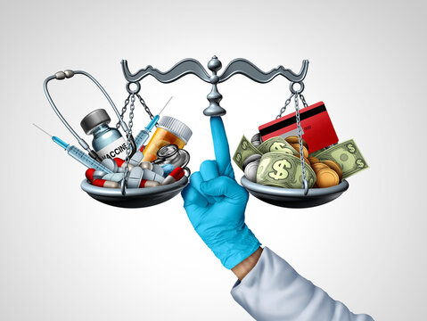 Money Health Balance as budget balancing and financial stability with access to care managing costs without compromising essential health needs as a doctor holding a scale.