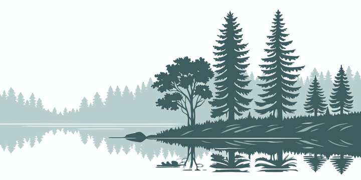Monochromatic lakeside landscape illustration with conifer and deciduous trees reflected in calm water pine trees design element landscape reflection wilderness monochrome illustration