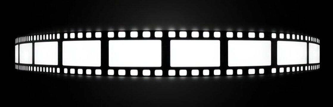 curved glowing blank film strip with perforated sprocket holes on a dark background evoking cinematic nostalgia
