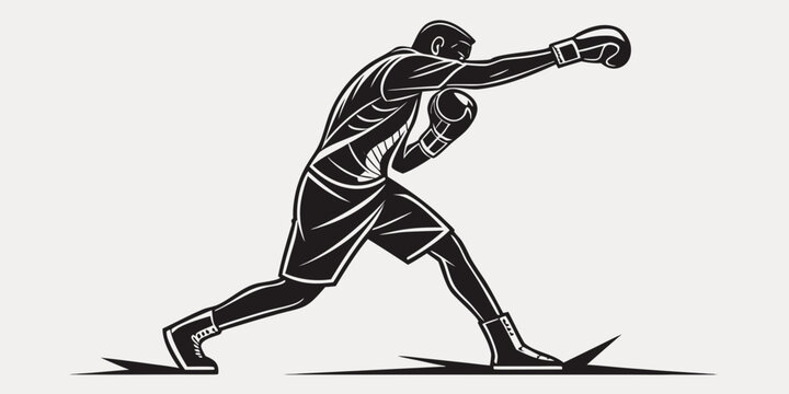 Dynamic boxer throwing a punch in a powerful action pose black and white graphic illustration for sports and fitness with martial arts training fighting strength illustration exercise