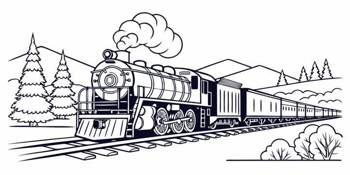 Classic steam locomotive train billowing smoke while traveling through a scenic mountain landscape with pine trees in a black and white line art style for coloring locomotive railroad