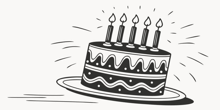 Illustrated birthday cake on a plate with five lit candles and decorative icing background birthday celebration anniversary illustration surprise occasion happiness childhood tradition