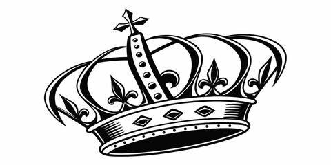 Elegant royal crown illustration with cross top and fleur-de-lis decorative elements in black and white line art style for heraldry and kingdom branding coronation authority leadership © Shahin