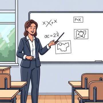 A diligent female teacher explaining mathematical formulas and scientific diagrams on a whiteboard in a bright classroom
