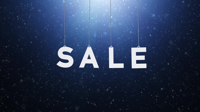 Hanging SALE letters gently swaying on strings with realistic snowfall in background, creating a festive winter promotion atmosphere with soft motion. Seamless looping animation.