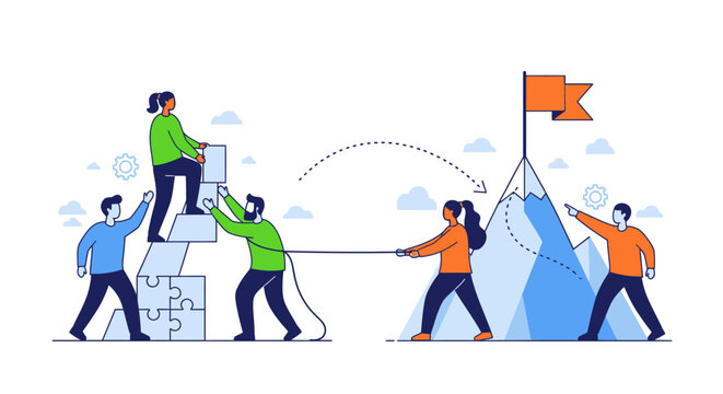 People working together to climb mountain.
