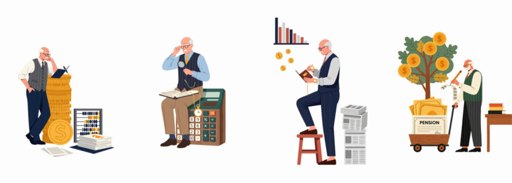 Set of financial illustrations featuring a senior male accountant managing retirement savings, investments, and pension plans.