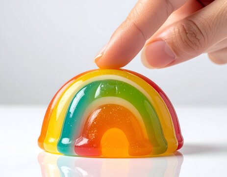 Fascinating playful macro photography showcasing a finger touching a perfectly smooth jiggly colorful rainbow jelly dome.