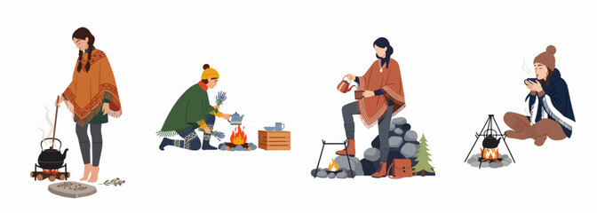 Fototapeta premium Set of flat vector illustrations depicting women in cozy autumn attire camping, brewing tea over campfires, and relaxing in nature with folk aesthetics.
