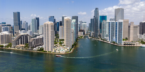 Fototapeta premium Miami cityscape from drone. Coastal Miami skyline with towers and business skyscrapers. Miami panorama with skyscrapers. Miami skyline near Brickell.
