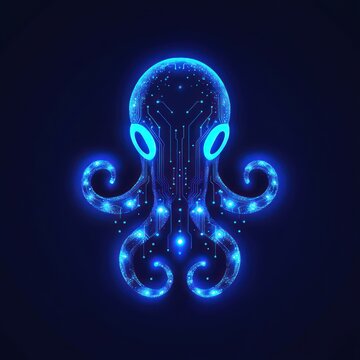glowing neon blue octopus with circuit board tentacles and luminous eyes on dark background, futuristic and mysterious