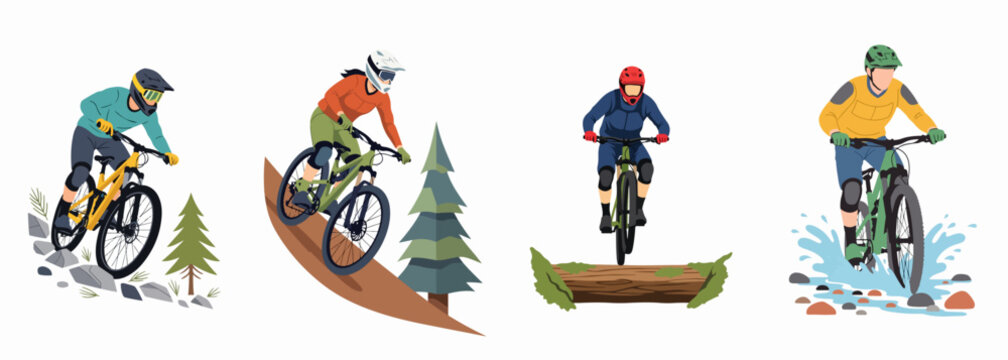 Set of mountain bike riders on various off-road trails including rocky paths, berms, logs, and water splashes, flat vector illustration.