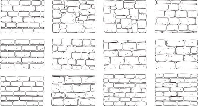 Twelve different hand drawn stone and brick wall patterns texture