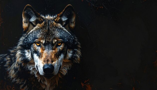 重厚油絵インパストオオカミ半顔余白アート構図