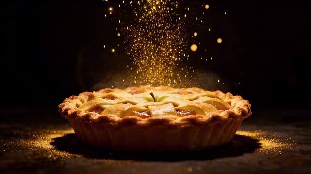 apple pie forming from floating golden particles assembling in mid air perfect for apple pie day