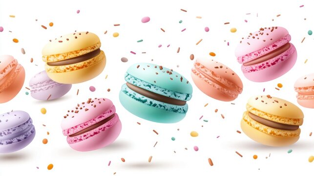 Pastel Macarons isolated on white background,events,aniversary festival gift set,french macaron cookies,menu banner for pastry shop.