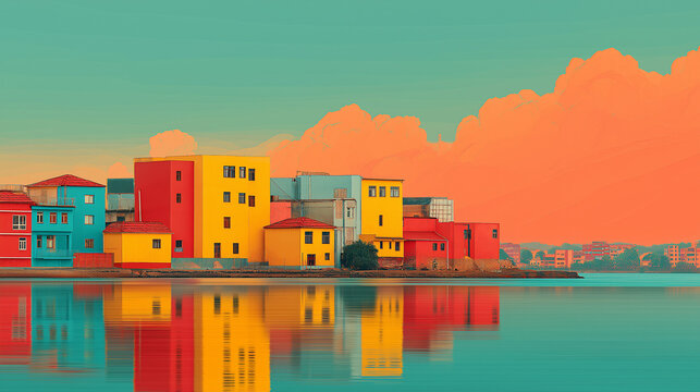 Quiet City Skyline Under Bright Yellow Sky with Pink Cotton Candy Clouds &ndash; Surreal Dreamscape