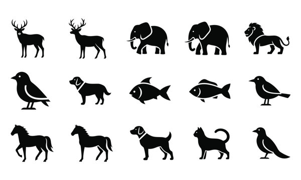 Collection of black animal silhouettes including deer elephant lion bird dog fish horse and cat