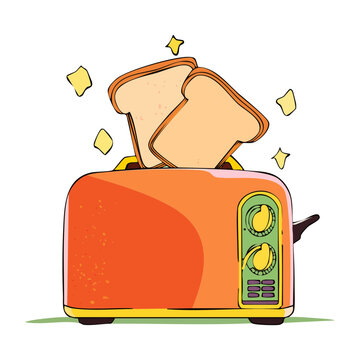 Red toaster with fresh bread slices for delicious crispy breakfast and quick kitchen morning meal - Vector Illustration