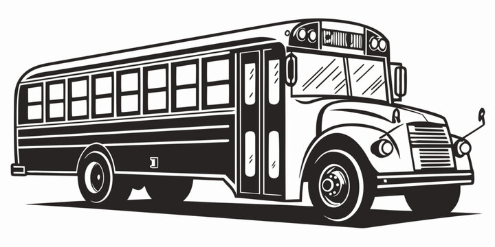 Black and white school bus graphic vector illustration showing a side profile and front view of a traditional student transportation vehicle on white background with transportation, education