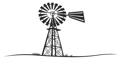 Black and white silhouette illustration of a classic rustic farm windmill with windmill silhouette agriculture countryside illustration isolated agricultural landscape farmhouse © Mg