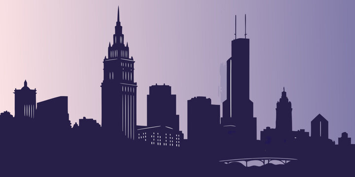 Purple silhouette graphic of a city skyline with tall skyscrapers and a small bridge silhouette buildings architecture skyscraper metropolis illustration landscape downtown panoramic