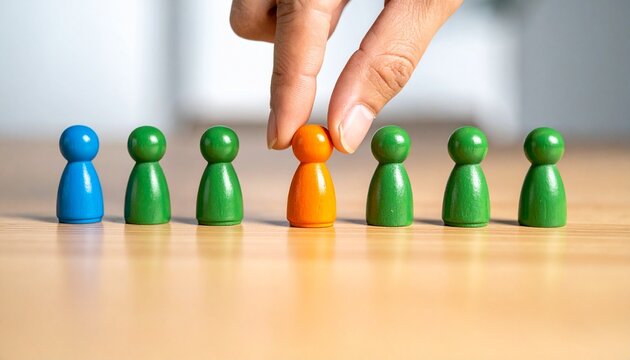 Orange figurine lifted, symbolizing leadership, choice, individuality, selection