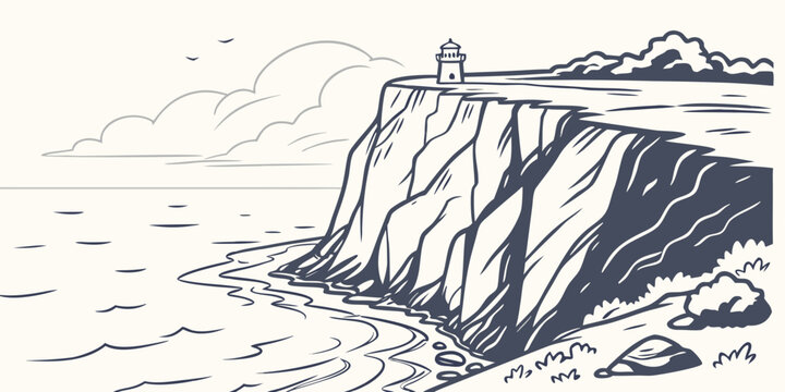 Line art illustration of a lighthouse on a steep cliff overlooking the ocean with lighthouse landscape shoreline seascape maritime navigation illustration minimalist monochrome