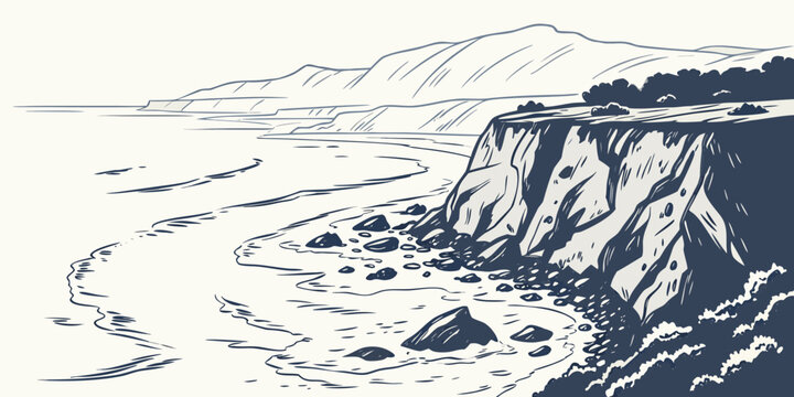 Graphic illustration of a rugged rocky coastline with high cliffs and rolling mountains coastline landscape mountains seascape shoreline illustration monochrome viewpoint adventure
