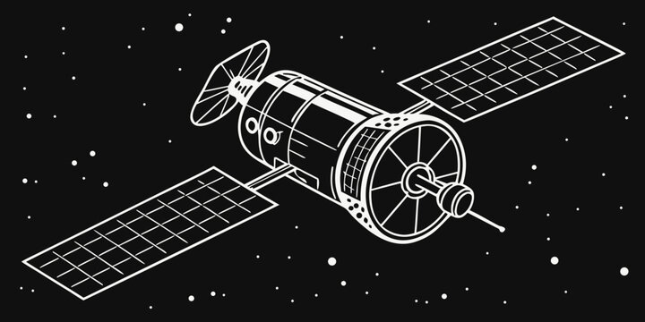 Isometric satellite space station graphic with solar panels and communication dish against dark starry sky background satellite communication technology illustration orbiting astronomy