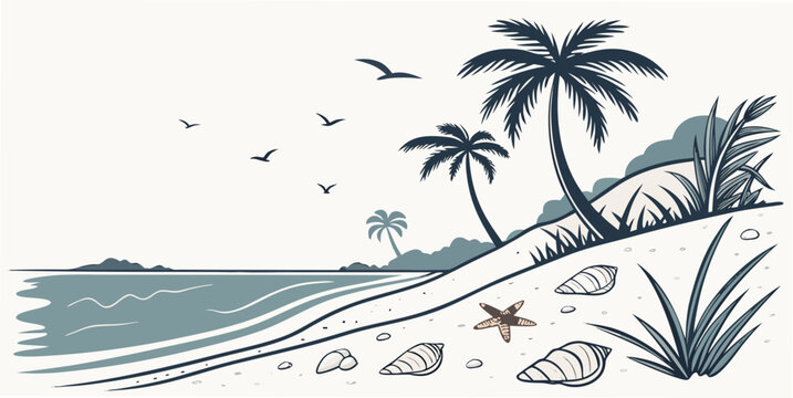 Seaside landscape with palm trees plants and seashells on sandy shore seashell starfish seashore landscape vacation illustration paradise shoreline background decorative