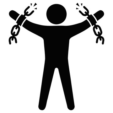 Silhouette of a person breaking free from metallic chains illustrated in a minimalist vector graphic style for concepts of liberty and independence