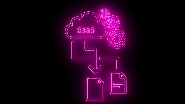 Neon pink SaaS flowchart diagram with cloud, gears, and documents on a black background.