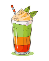 Multi layered green and orange fruit smoothie with mint leaf garnish in a tall glass cup - Vector Illustration © powdesign