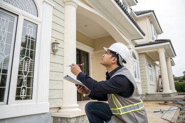 Fototapeta premium A man in a yellow vest is measuring a house