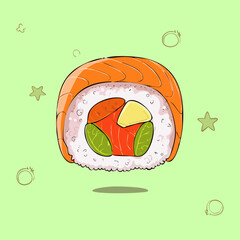 Piece of maki sushi roll with fresh salmon and vegetables for japanese restaurant menu - Vector Illustration © powdesign