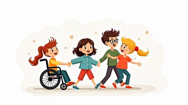 Ilustra&ccedil;&atilde;o de crian&ccedil;as de m&atilde;os dadas promovendo inclus&atilde;o e diversidade com crian&ccedil;a em cadeira de rodas
