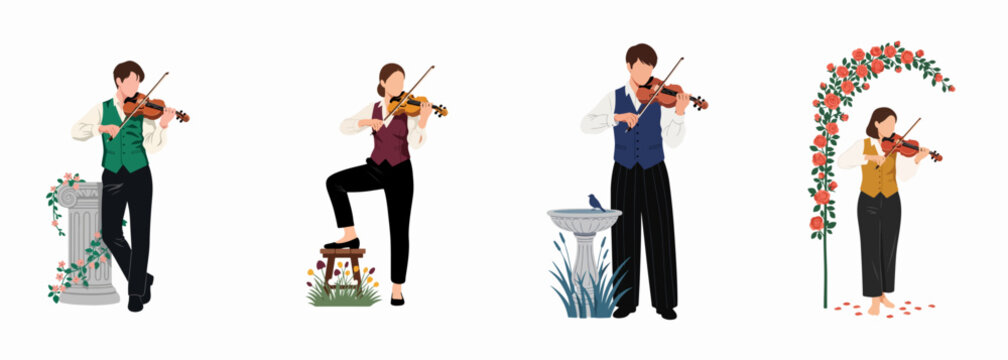 Collection of elegant male and female violinists performing in garden-themed settings with flowers and classical elements, flat vector illustration.