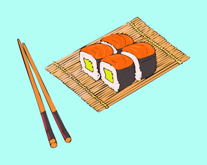 Collection of maki sushi rolls with salmon and vegetables on a bamboo mat - Vector Illustration © powdesign