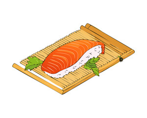 Set of salmon and vegetable maki sushi rolls on a bamboo mat - Vector Illustration © powdesign