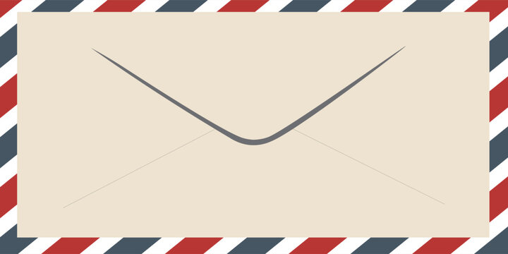 Vintage airmail postcard back template with diagonal blue and red stripe. Travel post card blank backside. Air mail envelope frame with postage place. Vector illustration isolated on white