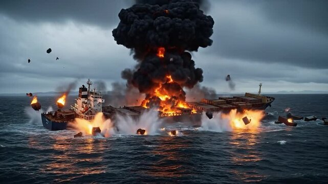 A large warship engulfed in flames and sinking in the ocean during a stormy day.