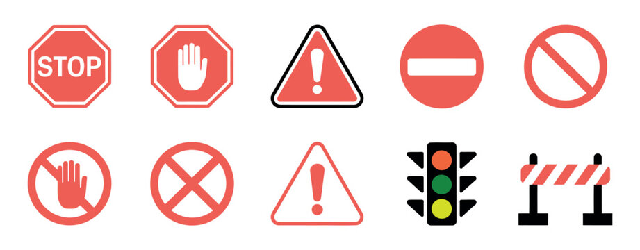 Red warning and prohibition signs set including stop hand danger no entry traffic light barrier icons flat vector safety alert construction traffic design