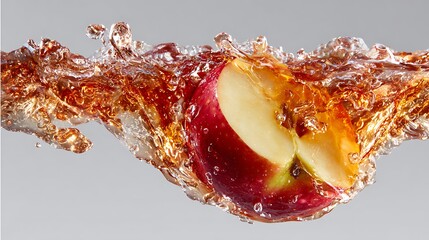 A fresh red apple slice immersed in a dynamic wave of clear apple juice on a neutral grey
