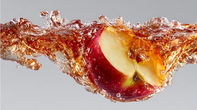 A fresh red apple slice immersed in a dynamic wave of clear apple juice on a neutral grey