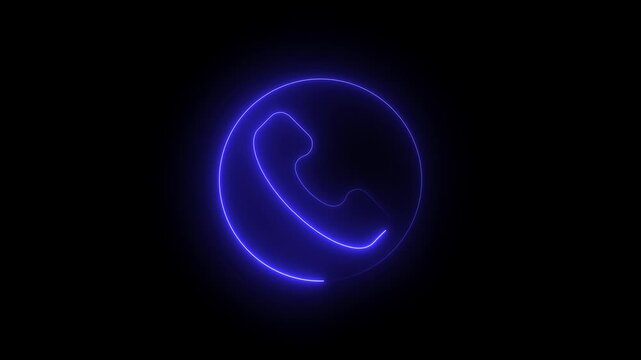 A glowing neon blue phone handset icon isolated on a completely black background