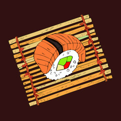 Single Sushi Maki Roll Served On Traditional Bamboo Mat For Authentic Japanese Seafood Dining And Culinary Presentation - Vector Illustration © powdesign