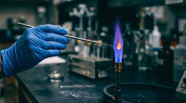 Scientist sterilizing an inoculation loop in a bunsen burner flame