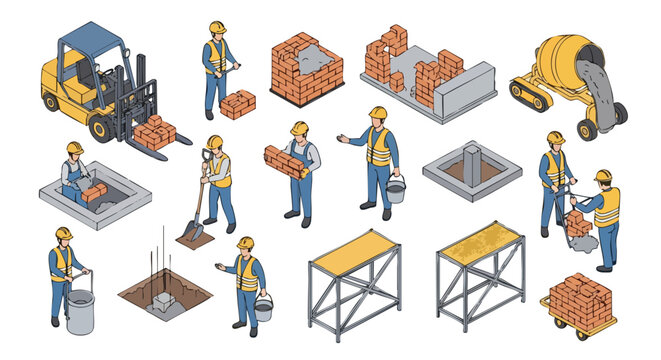 Construction workers and equipment isometric illustration