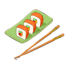 Set Of Three Fresh Salmon Sushi Maki Rolls Served With Wooden Chopsticks For Authentic Japanese Seafood Snack - Vector Illustration © powdesign